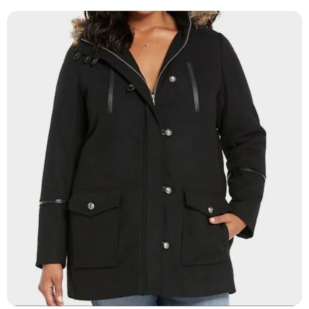Torrid Faux Fur Detachable Hood Longline Wool Coat, Black, Size 0
